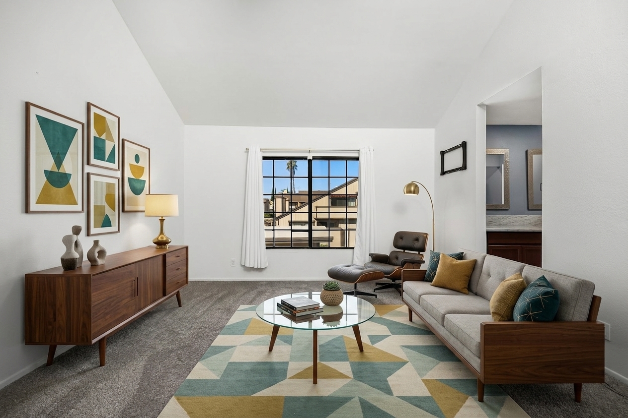 Living room staged in Mid-Century Modern style — real StageOnce render