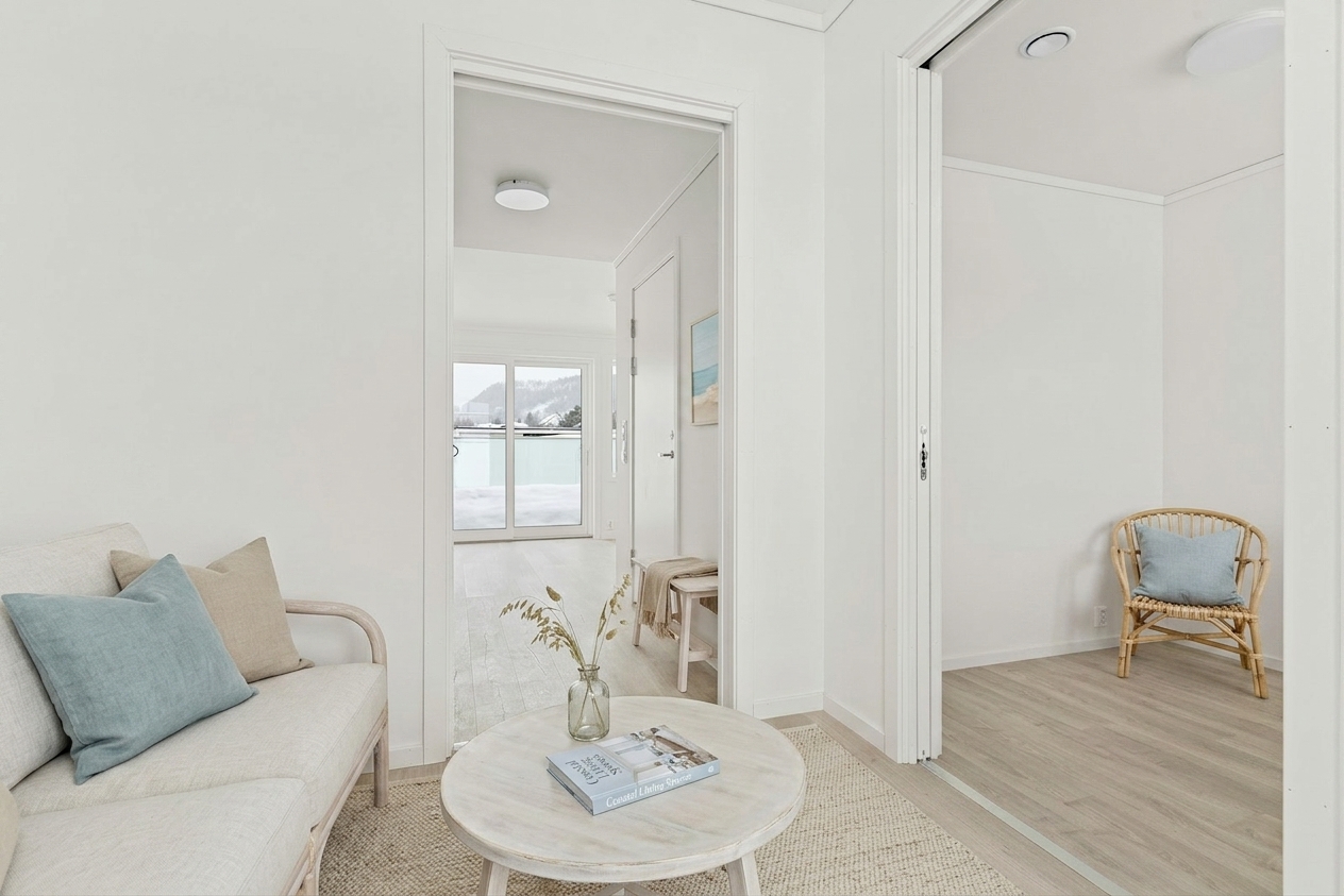 Living room staged in Coastal style — real StageOnce render